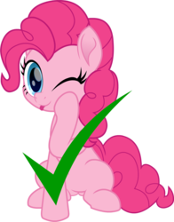 Size: 785x1000 | Tagged: safe, artist:spookitty, part of a set, pinkie pie, earth pony, pony, :p, check mark, cute, diapinkes, female, looking at you, mare, movie accurate, one eye closed, silly, simple background, sitting, smiling, solo, tongue out, transparent background, wink