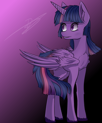 Size: 1750x2100 | Tagged: safe, artist:galinn-arts, twilight sparkle, alicorn, pony, g4, chest fluff, female, gradient background, looking back, mare, smiling, solo, twilight sparkle (alicorn)