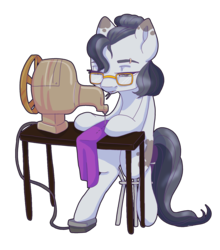 Size: 2475x2816 | Tagged: safe, artist:xxcommandershepardxx, oc, oc only, oc:jaded radiance, earth pony, pony, concentrating, female, glasses, high res, jewelry, mare, mouth hold, sewing, sewing machine, simple background, sitting, stool, table, tail, transparent background, upright