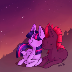 Size: 1536x1536 | Tagged: safe, artist:dsp2003, fizzlepop berrytwist, tempest shadow, twilight sparkle, alicorn, pony, unicorn, g4, my little pony: the movie, :3, ^3^, blushing, broken horn, cute, daaaaaaaaaaaw, dsp2003 is trying to murder us, ear fluff, eyes closed, female, horn, lesbian, mare, ship:tempestlight, shipping, signature, smiling, stars, tempestbetes, twiabetes, twilight sparkle (alicorn)