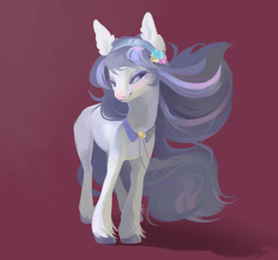 Size: 2140x2000 | Tagged: dead source, safe, artist:yanisfucker, oc, oc only, earth pony, pony, clothes, cloven hooves, colored hooves, ear fluff, eyeshadow, female, flower, flower in hair, freckles, gradient background, hairband, high res, lineless, looking at you, makeup, mare, simple background, smiling, solo, unshorn fetlocks, windswept mane