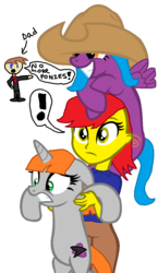 Size: 648x1116 | Tagged: safe, artist:nightshadowmlp, oc, oc only, oc:game point, oc:night shadow, oc:wysteria sky, human, pony, equestria girls, g4, annoyed, base used, exclamation point, happy, hat, holding a pony, scared, shocked