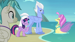 Size: 1920x1080 | Tagged: safe, screencap, ocean flow, sky beak, terramar, twilight sparkle, alicorn, classical hippogriff, hippogriff, pony, seapony (g4), g4, surf and/or turf, beach, cute, father and son, female, giggling, husband and wife, jewelry, male, mare, mother and son, necklace, ocean, open mouth, raised hoof, rock, smiling, twiabetes, twilight sparkle (alicorn)