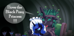 Size: 1000x495 | Tagged: safe, artist:vavacung, nightmare moon, oc, alicorn, changeling, changeling queen, pony, g4, changeling queen oc, female