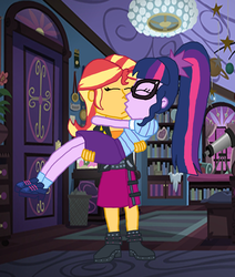 Size: 3024x3564 | Tagged: safe, artist:bigpurplemuppet99, sci-twi, sunset shimmer, twilight sparkle, human, equestria girls, g4, my little pony equestria girls: better together, bridal carry, carrying, duo, female, high res, kiss on the lips, kissing, lesbian, sci-twi's room, ship:sci-twishimmer, ship:sunsetsparkle, shipping