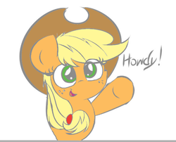 Size: 586x473 | Tagged: safe, artist:heavymetalbronyyeah, artist:icicle-niceicle-1517, color edit, derpibooru exclusive, edit, applejack, earth pony, pony, g4, colored, cute, female, happy, howdy, jackabetes, mare, open mouth, raised hoof, simple background, smiling, solo, waving, white background