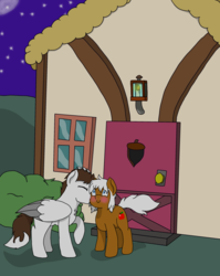 Size: 2392x3000 | Tagged: safe, artist:acrylicbristle, oc, oc:almond acres, oc:drummy, earth pony, pegasus, pony, cheek fluff, cheek kiss, femboy, gay, girly, high res, house, kissing, male, night, stallion