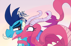 Size: 2302x1494 | Tagged: safe, artist:dragonpone, derpibooru exclusive, ballista, princess ember, dragon, g4, annoyed, dialogue, dragoness, duo, female, freckles, horns, long tail, looking at each other, open mouth, shoulder freckles, side hug, smiling, spread wings, wings