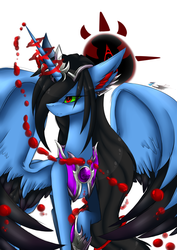 Size: 2893x4092 | Tagged: safe, artist:ranadi, oc, oc only, oc:orcus rezidence haifa, demon, pony, armor, blood, bloody power, coldness, eyes closed, female, god of death, legend, mane long, mysterious, queen, single