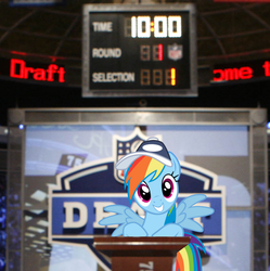 Size: 896x899 | Tagged: safe, rainbow dash, g4, american football, baseball cap, cap, hat, irl, nfl, nfl draft, photo, ponies in real life, sports, youtube link