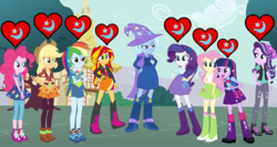 Size: 1952x1036 | Tagged: safe, artist:3d4d, edit, vector edit, applejack, fluttershy, pinkie pie, rainbow dash, rarity, starlight glimmer, sunset shimmer, trixie, twilight sparkle, equestria girls, g4, clothes, female, humane five, humane seven, humane six, lesbian, polyamory, rarixie, ship:startrix, ship:suntrix, ship:trixiepie, ship:twixie, shipping, skirt, tank top, tripplejack, trixdash, trixie gets all the mares, trixieshy, vector