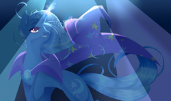 Size: 3205x1900 | Tagged: safe, artist:clefficia, trixie, pony, unicorn, g4, cape, clothes, female, glowing horn, happy, hat, horn, magic, mare, smiling, solo, telekinesis, trixie's cape, trixie's hat