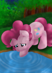 Size: 1024x1448 | Tagged: safe, artist:mimicproductions, pinkie pie, earth pony, pony, g4, female, forest, lake, sad, shadow, solo, watermark