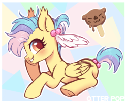 Size: 1024x840 | Tagged: safe, artist:hawthornss, oc, oc only, oc:otter pop, earth pony, otter, pegasus, pony, abstract background, blushing, cute, cute little fangs, ear fluff, fangs, food, hairpin, half bat pony, ice cream, looking at you, magical lesbian spawn, offspring, parent:oc:glittering cloud, parent:oc:paper stars, parents:oc x oc, popsicle, prone, smiling, text, underhoof