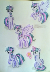 Size: 2821x4053 | Tagged: safe, artist:prinrue, twilight sparkle, alicorn, pony, g4, flower, flying, glowing horn, happy, horn, smiling, traditional art, twilight sparkle (alicorn)