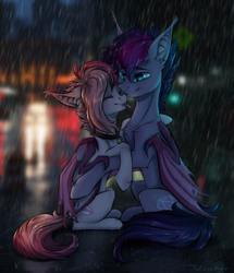 Size: 2480x2880 | Tagged: safe, artist:vincher, oc, oc only, oc:candy quartz, oc:retro wave, bat pony, pony, :p, bat pony oc, bat wings, candywave, collar, cute, cute little fangs, duo, ear fluff, ear piercing, embrace, eyes closed, family, fangs, female, fluffy, happy, high res, hug, male, mare, night, piercing, rain, siblings, silly, slit pupils, smiling, stallion, tongue out, wet, wet mane, wing claws, wing hold, wings