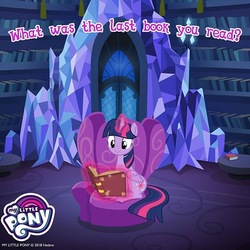 Size: 640x639 | Tagged: safe, gameloft, twilight sparkle, alicorn, pony, g4, official, book, chair, cute, female, library, magic, reading, sitting, solo, text, that pony sure does love books, twiabetes, twilight fuel, twilight sparkle (alicorn), twilight's castle, twilight's castle library