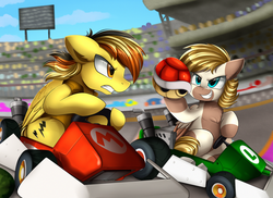 Size: 3395x2472 | Tagged: safe, artist:pridark, oc, oc only, pegasus, pony, audience, cart, chest fluff, commission, crossover, driving, high res, mario kart, nintendo, racing, red shell, stands