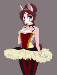 Size: 676x883 | Tagged: safe, artist:askbubblelee, oc, oc only, oc:marionette, earth pony, anthro, anthro oc, breasts, clothes, female, gloves, lipstick, makeup, mare, simple background, small breasts, solo, tutu