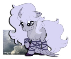Size: 1024x861 | Tagged: safe, artist:magicdarkart, oc, oc only, oc:yuno, pony, unicorn, curved horn, female, horn, mare, simple background, solo, transparent background, unshorn fetlocks, watermark