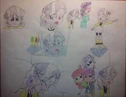 Size: 1247x960 | Tagged: safe, artist:jebens1, apple bloom, diamond tiara, scootaloo, spoiled rich, sweetie belle, crusaders of the lost mark, equestria girls, g4, boots, clothes, compression shorts, crying, cutie mark crusaders, diamond, equestria girls interpretation, equestria girls-ified, female, high heel boots, mother and daughter, scene interpretation, shoes, shorts, skirt, the pony i want to be, traditional art