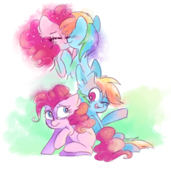 Size: 4596x4568 | Tagged: safe, artist:pinkablue, pinkie pie, rainbow dash, earth pony, pegasus, pony, g4, abstract background, absurd resolution, blushing, comforting, eyes closed, female, lesbian, mare, nuzzling, one eye closed, raised hoof, ship:pinkiedash, shipping, smiling, teary eyes