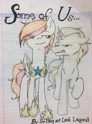 Size: 761x1023 | Tagged: safe, artist:the pony of lost legend, oc, oc only, pegasus, pony, unicorn, fanfic:some of us..., fanfic, fanfic art, fanfic cover, gay, hoof shoes, horn, lined paper, male, oc x oc, pegasus oc, raised hoof, royal guard, shipping, smiling, smirk, traditional art, unamused, unicorn oc, wings