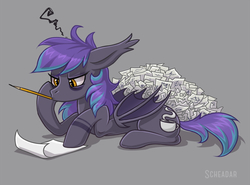 Size: 1200x888 | Tagged: safe, artist:scheadar, oc, oc only, bat pony, pony, bat pony oc, gray background, mouth hold, paper, pencil, redesign, simple background, solo, thinking