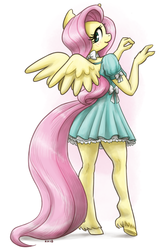 Size: 1071x1600 | Tagged: safe, artist:king-kakapo, fluttershy, pegasus, anthro, unguligrade anthro, g4, blushing, bow, clothes, cute, dress, female, looking at you, looking back, looking back at you, mare, multiple variants, ribbon, shyabetes, solo, unshorn fetlocks, wings