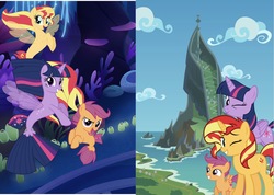 Size: 1638x1164 | Tagged: safe, editor:php77, screencap, scootaloo, sunset shimmer, twilight sparkle, alicorn, pegasus, pony, seapony (g4), unicorn, g4, season 8, surf and/or turf, bubble, clothes, cropped, dorsal fin, female, filly, fin, fin wings, fins, fish tail, flowing mane, flowing tail, horn, mare, mount aris, ocean, one eye closed, scales, seaponified, seapony scootaloo, seapony sunset, seapony twilight, seaquestria, see-through, smiling, species swap, swimming, tail, trio, twilight sparkle (alicorn), underwater, water, wings, wink
