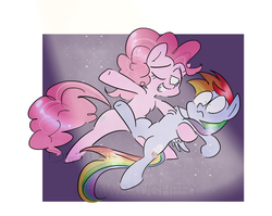 Size: 1280x1020 | Tagged: safe, artist:dippin-dott, artist:drawbauchery, color edit, edit, pinkie pie, rainbow dash, earth pony, pegasus, pony, g4, colored, dancing, female, lesbian, mare, one eye closed, pinkie dances with mares, ship:pinkiedash, shipping, wings