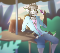 Size: 600x530 | Tagged: safe, artist:insanenicky, oc, oc only, oc:malachite, diamond dog, anthro, anthro oc, barely pony related, briefcase, gem, jewelry, looking at something, male, necklace, outdoors, table, umbrella, watch, wristwatch