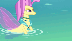Size: 960x540 | Tagged: safe, screencap, ocean flow, sky beak, classical hippogriff, hippogriff, seapony (g4), surf and/or turf, animated, beach, cliff, cropped, female, gif, house, husband and wife, jewelry, lantern, male, mount aris, necklace, ocean, smiling, stairs, water