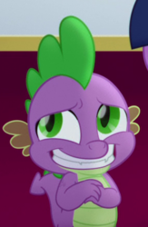 Size: 286x438 | Tagged: safe, screencap, spike, dragon, g4, my little pony: the movie, canterlot, cropped, cute, faic, green eyes, grin, male, nervous, nervous smile, offscreen character, scales, smiling, solo focus, spikabetes