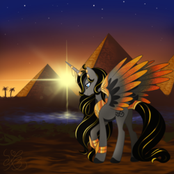 Size: 2048x2048 | Tagged: safe, artist:myhandsarecrazy, oc, oc only, alicorn, pony, alicorn oc, alicorn princess, armband, desert, ear piercing, earring, egypt, egyptian, female, high res, horn, horn jewelry, jewelry, oasis, palm tree, piercing, pyramids of giza, regalia, sky, solo, spread wings, stars, sun, sunset, tail wrap, tree, wings