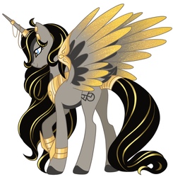 Size: 1296x1320 | Tagged: safe, artist:myhandsarecrazy, oc, oc only, alicorn, pony, alicorn oc, alicorn princess, armband, ear piercing, earring, egyptian, female, horn, horn jewelry, jewelry, piercing, regalia, simple background, solo, spread wings, tail wrap, white background, wings