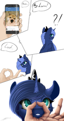 Size: 2500x4750 | Tagged: safe, artist:skitsroom, princess luna, alicorn, dog, pony, g4, behaving like a dog, cellphone, cute, cyrillic, female, hand, heart eyes, looking at you, looking back, lunabetes, mare, phone, russian, simple background, smiling, vkontakte, white background, wingding eyes