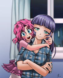 Size: 1543x1900 | Tagged: safe, artist:mauroz, maud pie, pinkie pie, human, g4, cheek pinch, clothes, crossed arms, curtains, cute, duo, equestria amino, female, humanized, looking at you, open mouth, pantyhose, pie sisters, siblings, signature, sisters, skirt, smiling, window