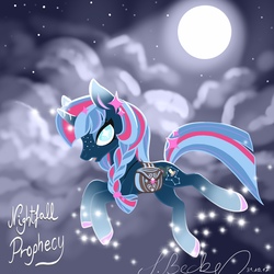 Size: 2048x2048 | Tagged: safe, artist:myhandsarecrazy, oc, oc only, oc:nightfall prophecy, pony, unicorn, cloud, constellation, female, freckles, high res, mare, moon, moonlight, night, saddle bag, solo, starry eyes, wingding eyes