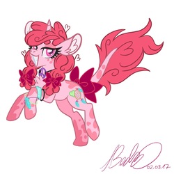 Size: 2048x2048 | Tagged: safe, artist:myhandsarecrazy, oc, oc only, pony, unicorn, bangles, bow, chest fluff, ear fluff, female, high res, jewelry, looking at you, mare, mottled coat, necklace, peace symbol, signature, simple background, smiling, solo, white background