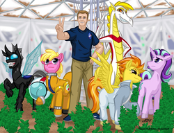 Size: 1301x1000 | Tagged: safe, artist:texasuberalles, cherry berry, spitfire, starlight glimmer, oc, oc:dragonfly (the maretian), oc:fireball (the maretian), changeling, dragon, earth pony, human, pegasus, pony, unicorn, fanfic:the maretian, g4, astronaut, changeling oc, clothes, crossover, dragon oc, fanfic, fanfic art, female, flight suit, food, grin, helmet, jacket, male, mare, mark watney, mars, peace sign, plants, pose, potato, smiling, spacesuit, the martian, tracksuit, warmup suit, wing hands