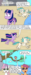 Size: 1000x2400 | Tagged: safe, artist:bjdazzle, apple bloom, scootaloo, sweetie belle, terramar, twilight sparkle, alicorn, pony, g4, surf and/or turf, beach, comic, confused, cutie mark crusaders, mount aris, ocean, running, season 8 homework assignment, sitting in a tree, tree, twilight sparkle (alicorn), worried