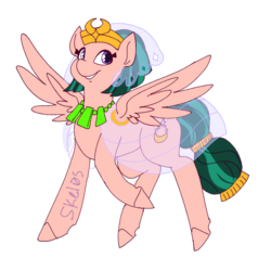 Size: 700x700 | Tagged: safe, artist:skel0sbadlands, somnambula, pegasus, pony, g4, clothes, cutie mark, female, flying, glowpaz, headdress, jewelry, mare, necklace, simple background, smiling, solo, spread wings, watermark, white background, wings