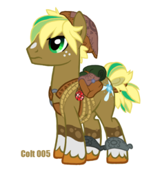 Size: 739x796 | Tagged: safe, artist:myhandsarecrazy, earth pony, pony, adventurer, bedroll, freckles, hat, link, male, ponified, rope, saddle bag, simple background, solo, stallion, the legend of zelda, transparent background