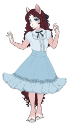 Size: 2248x3747 | Tagged: safe, artist:askbubblelee, oc, oc only, oc:marionette, earth pony, anthro, unguligrade anthro, anthro oc, clothes, dress, female, high res, lolita fashion, looking at you, makeup, mare, simple background, smiling, solo, transparent background, unshorn fetlocks