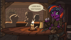 Size: 4800x2700 | Tagged: safe, artist:latecustomer, oc, oc only, oc:killjoy, bat pony, pony, bar, bat pony oc, candle, chair, clothes, commission, dialogue, fire, open mouth, silhouette, sitting, speech bubble, sword, table, weapon