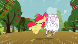 Size: 1280x720 | Tagged: safe, screencap, apple bloom, earth pony, pony, sheep, g4, sisterhooves social, apple tree, bow, cloven hooves, duo, female, filly, hair bow, one eye closed, open mouth, running, speed lines, surprised, tackle, tree