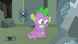 Size: 1280x720 | Tagged: safe, screencap, spike, dragon, spider, star spider, castle mane-ia, g4, crossed arms, male, rubble, scared, sitting