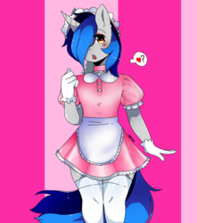 Size: 1500x1700 | Tagged: safe, alternate version, artist:tamy, oc, oc only, oc:cappie, anthro, clothes, crossdressing, femboy, gloves, heart, maid, male, pictogram, satin, shiny, silk, sissy, solo, stallion, stockings, thigh highs, trap, uniform