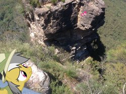 Size: 1024x765 | Tagged: safe, artist:didgereethebrony, daring do, pinkie pie, g4, australia, blue mountains, didgeree collection, in which pinkie pie forgets how to gravity, irl, katoomba, mlp in australia, photo, pinkie being pinkie, pinkie physics, ponies in real life, three sisters